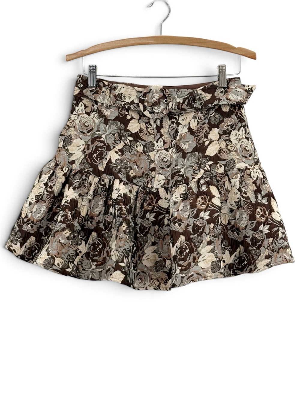 J.Marie Bridget Brown Jacquard Floral Belted Mini Skort Skirt Shorts Size S